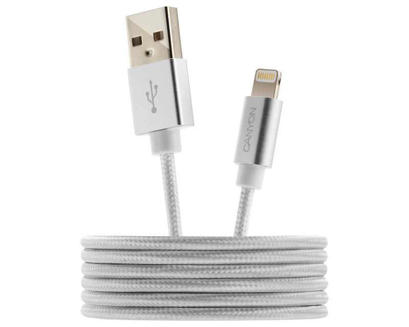 Canyon MFI-3 Lightning To USB Cable Braided 12W 1Mtr Pearl White
