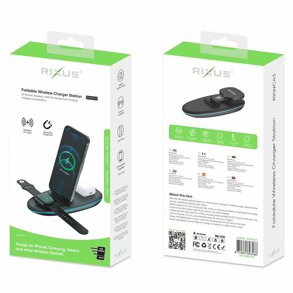Rixus RXWC43 3 in 1 Foldable Wireless Charger Station