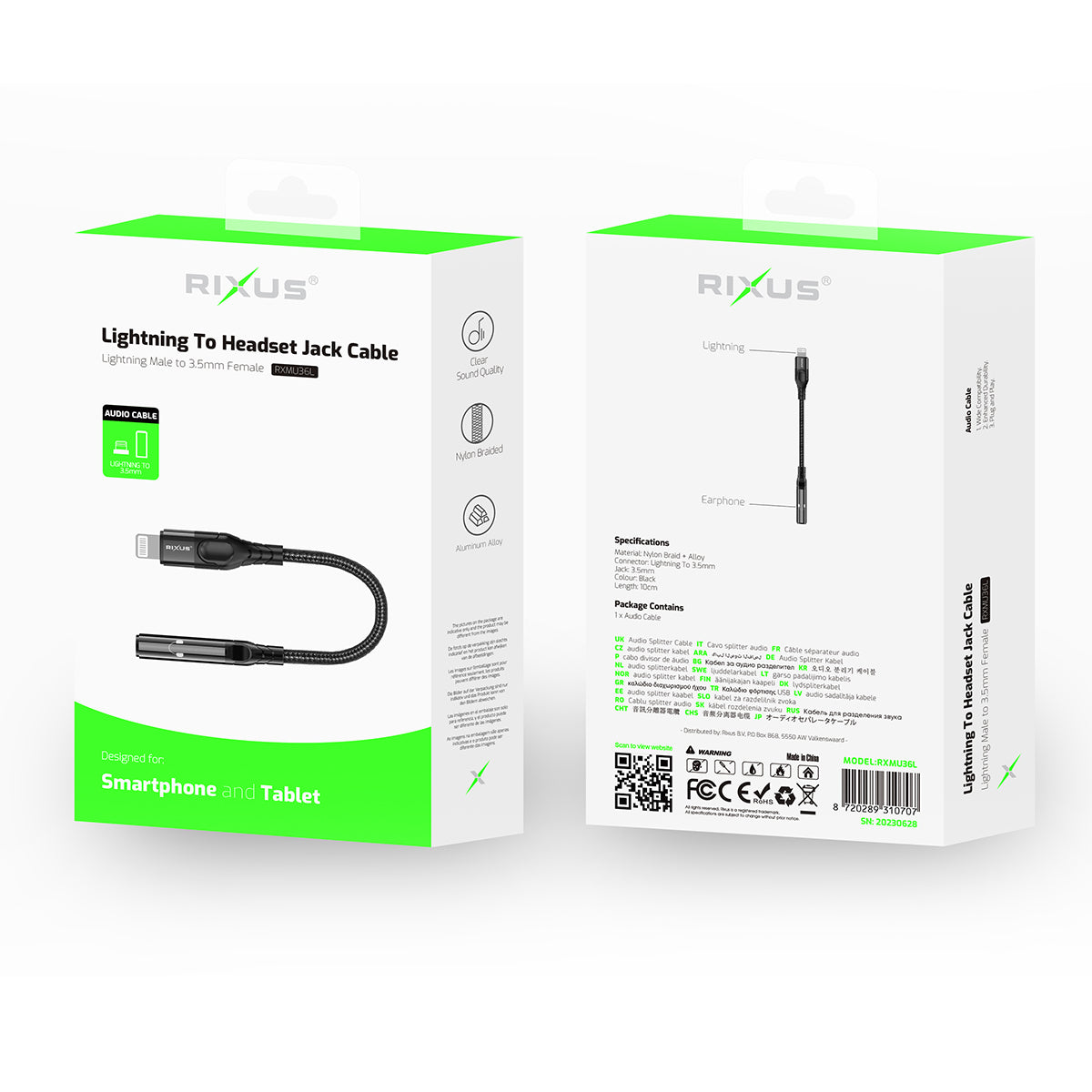 Rixus RXMU36L Lightning Connector to 3.5mm Audio Adapter Female 10cm
