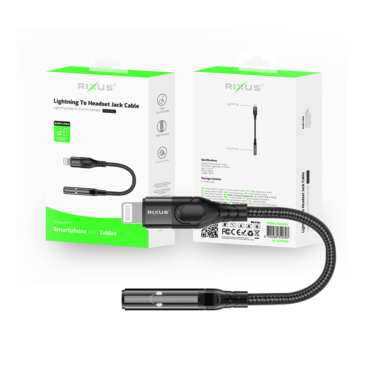Rixus RXMU36L Lightning Connector to 3.5mm Audio Adapter Female 10cm