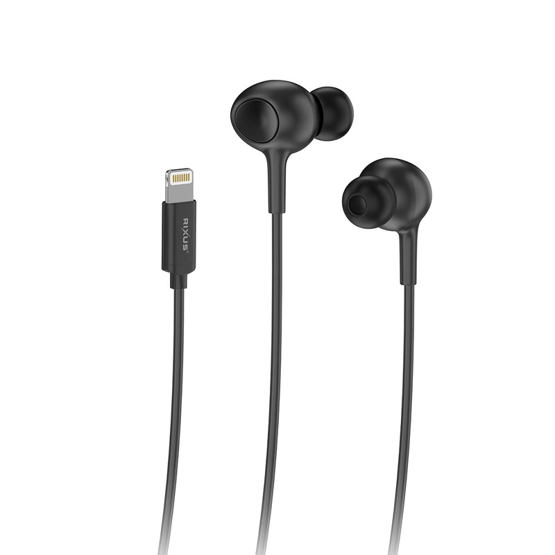 Rixus RXHD56L Lighting Wired Earbud Type Headphone With Microphone Black