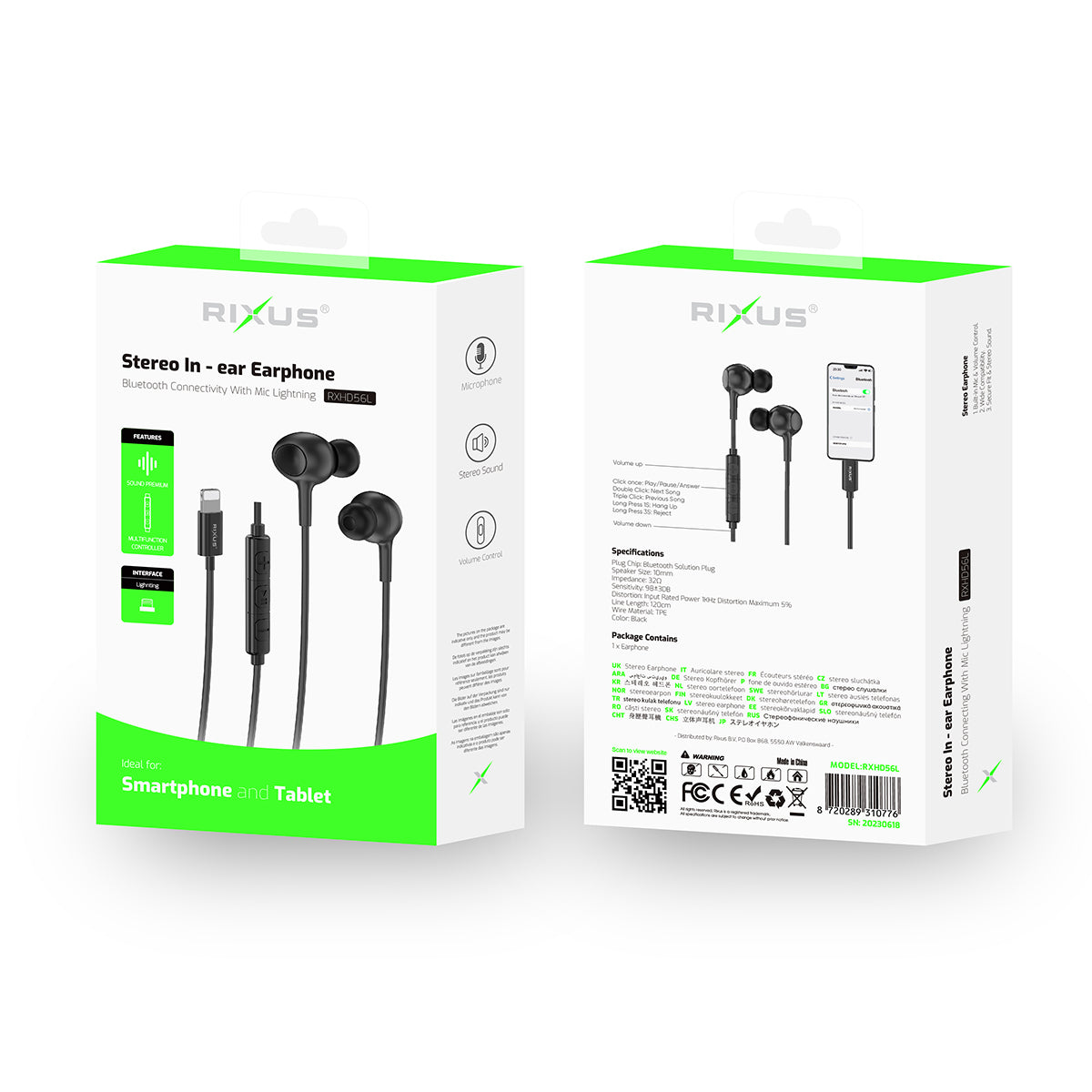 Rixus RXHD56L Lightning Connector Wired Earbud Type Headphone With Microphone Black