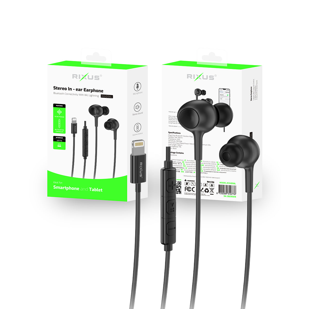 Rixus RXHD56L Lightning Connector Wired Earbud Type Headphone With Microphone Black