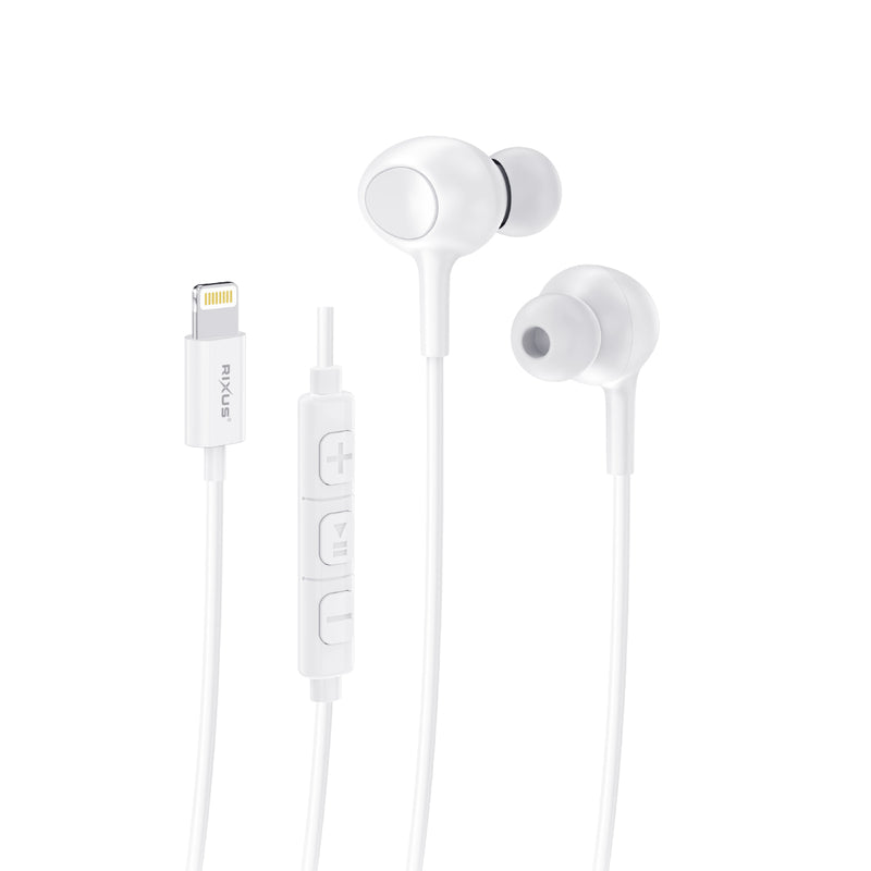 Rixus RXHD56LW Lighting Wired Earbud Type Headphone With Microphone White