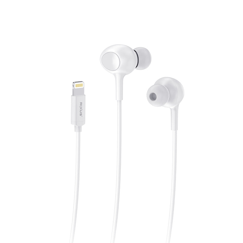 Rixus RXHD56LW Lighting Wired Earbud Type Headphone With Microphone White