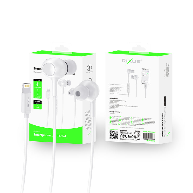 Rixus RXHD56LW Lighting Wired Earbud Type Headphone With Microphone White