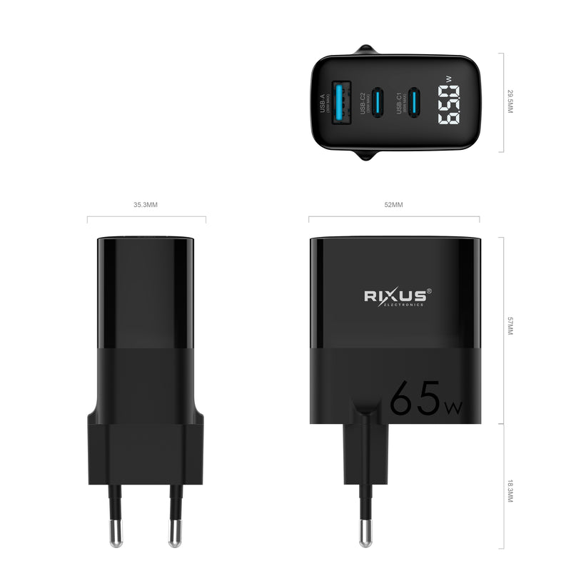 Rixus RX105 PD 65W Gan Charger Black