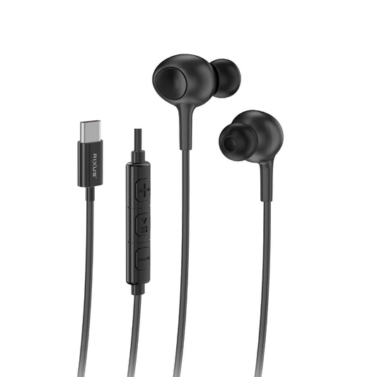 Rixus RXHD56C USB-C Wired Earbud With Microphone Black