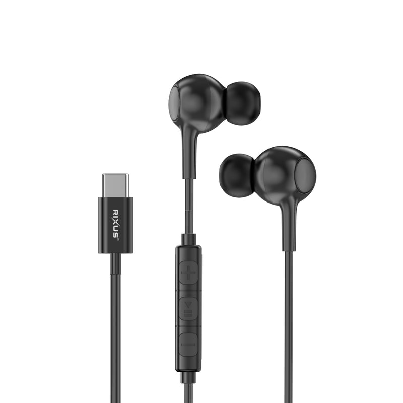 Rixus RXHD56C USB C Wired Earbud Type Headphone With Microphone Black