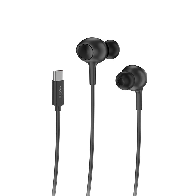 Rixus RXHD56C USB C Wired Earbud Type Headphone With Microphone Black