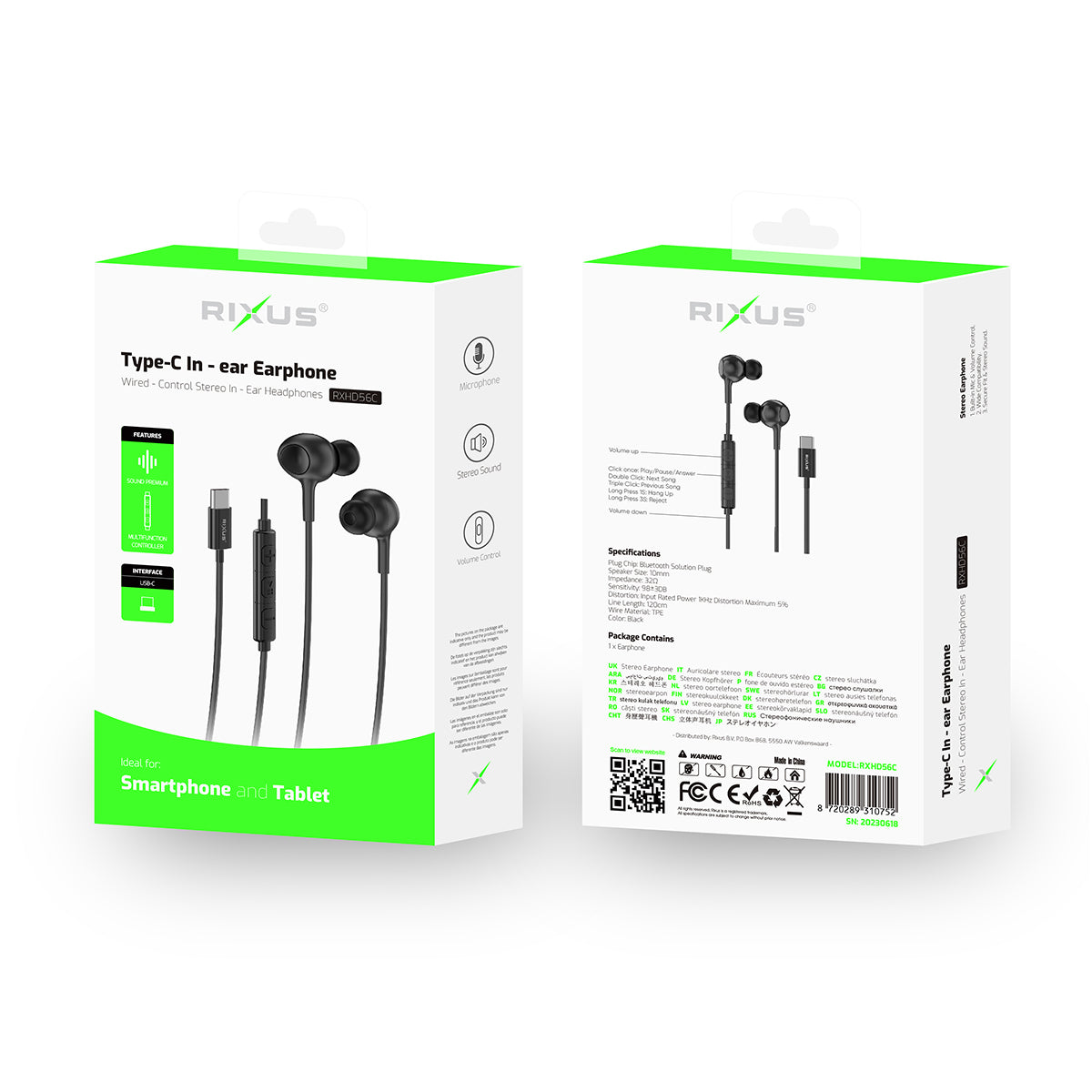 Rixus RXHD56C USB-C Wired Earbud With Microphone Black