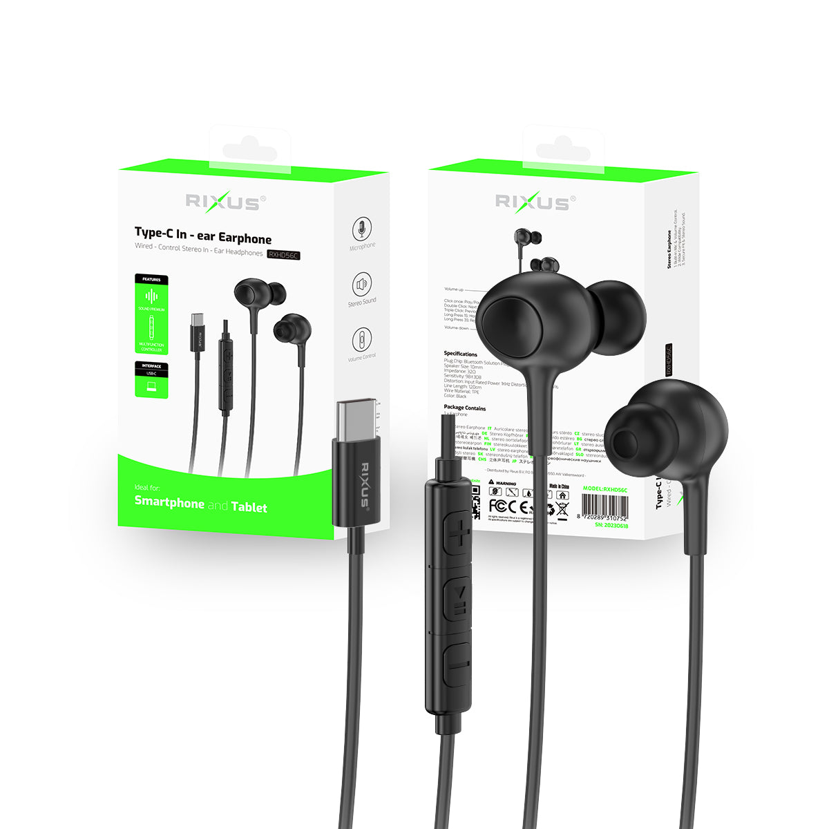 Rixus RXHD56C USB-C Wired Earbud With Microphone Black