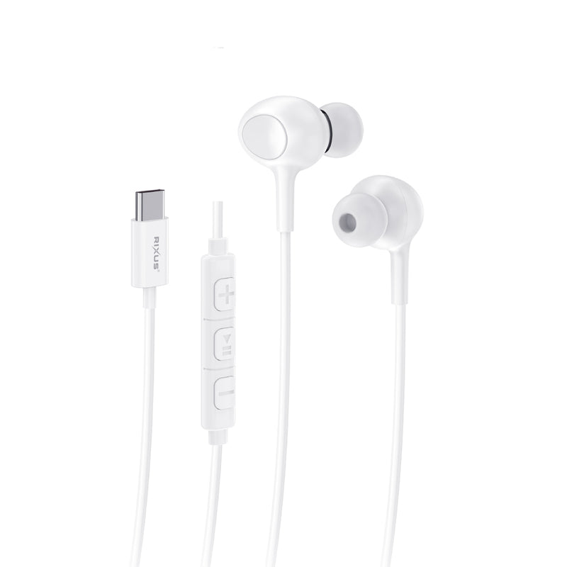 Rixus RXHD56CW USB C Wired Earbud Type Headphone With Microphone White