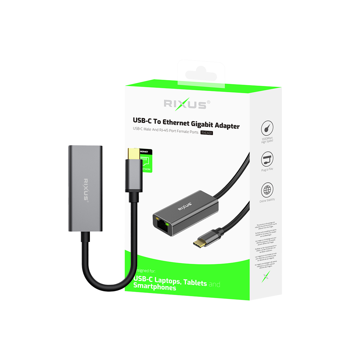 Rixus RXEA01 USB-C To 1000M Card RJ45 Gigabit Drive-free Gray