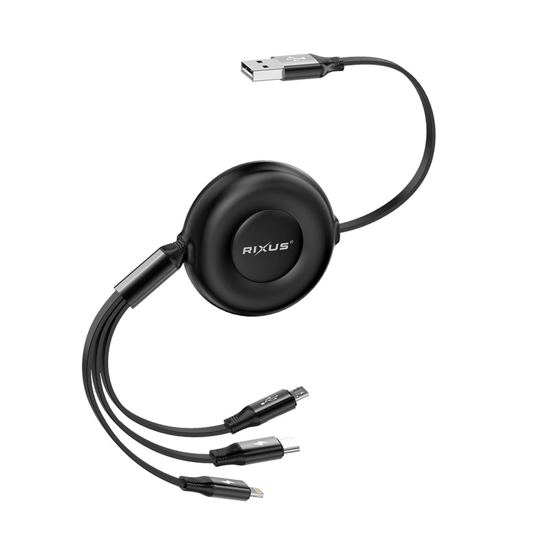 Rixus RXUC25 Multi Charging 3 In 1 Retractable Fast Charger Cable Black