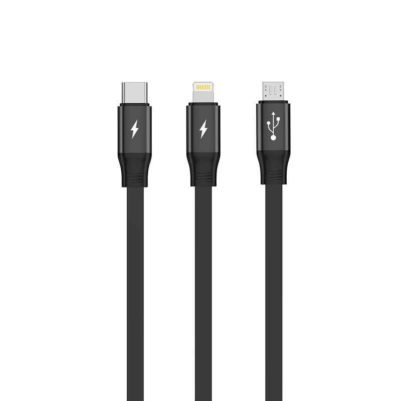 Rixus RXUC25 Multi Charging 3 In 1 Retractable Fast Charger Cable 110CM Black