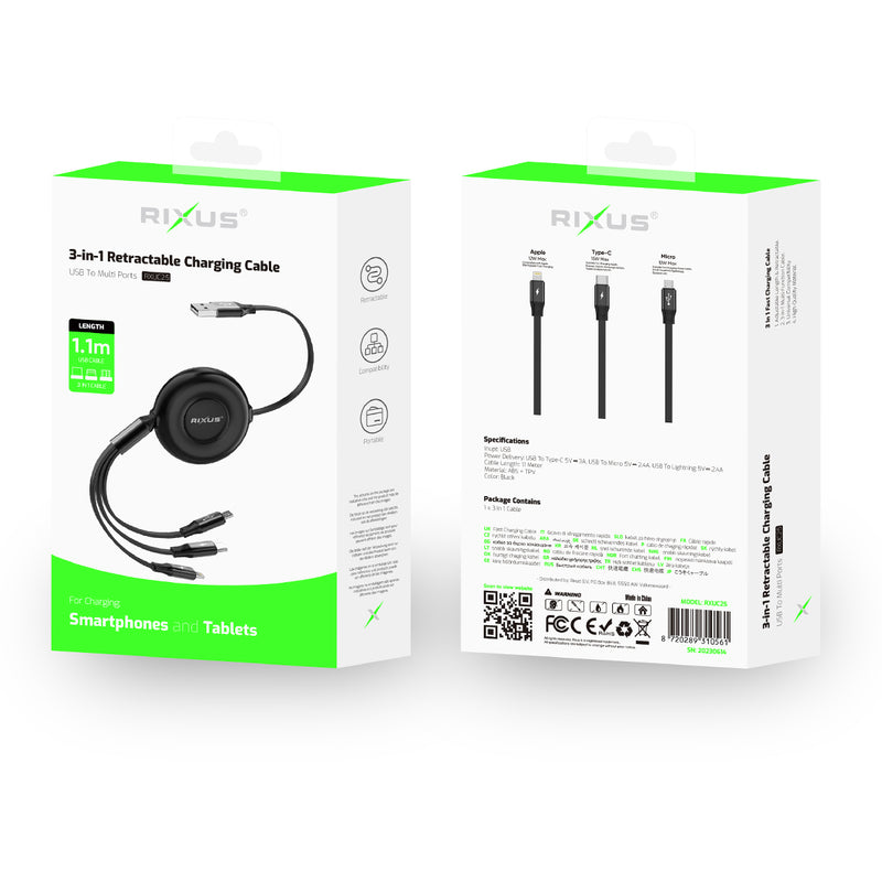 Rixus RXUC25 Multi Charging 3 In 1 Retractable Fast Charger Cable 110CM Black