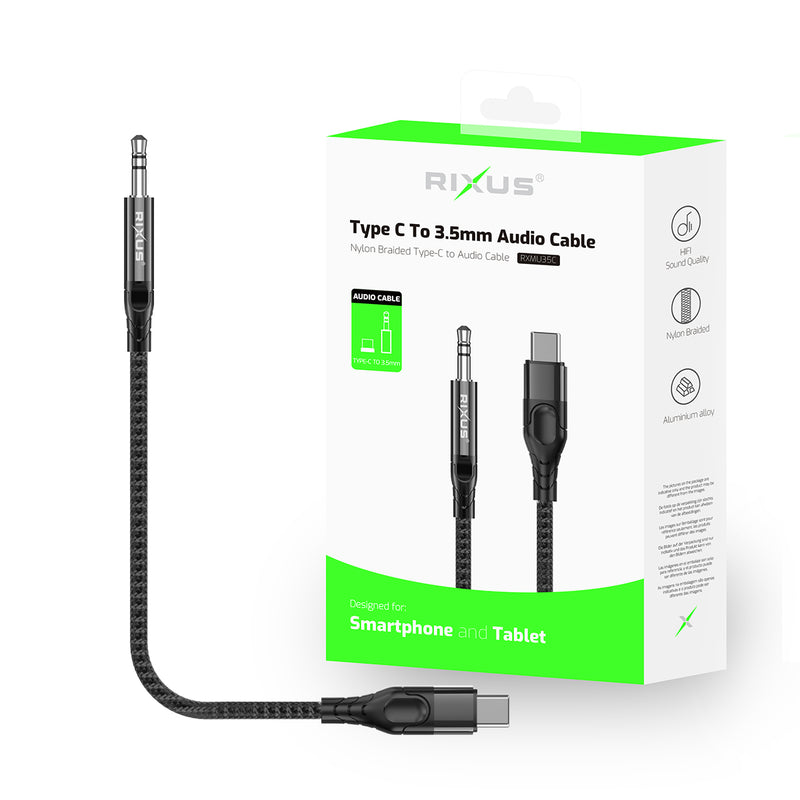 Rixus RXMU35C 3.5mm AUX To USB-C Braided Audio Cable 120CM Black