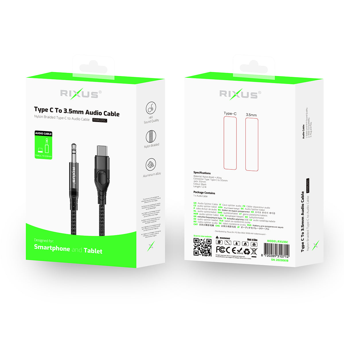 Rixus RXMU35C 3.5mm AUX To USB-C Braided Audio Cable 1.2m Black