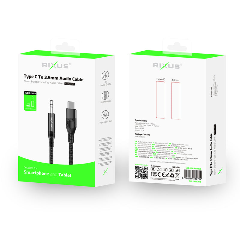 Rixus RXMU35C 3.5mm AUX To USB-C Braided Audio Cable 120 CM Black