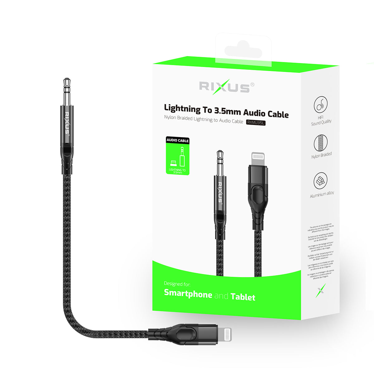 Rixus RXMU35L 3.5mm AUX To Lightning Connector Braided Audio Cable 1.2m Black