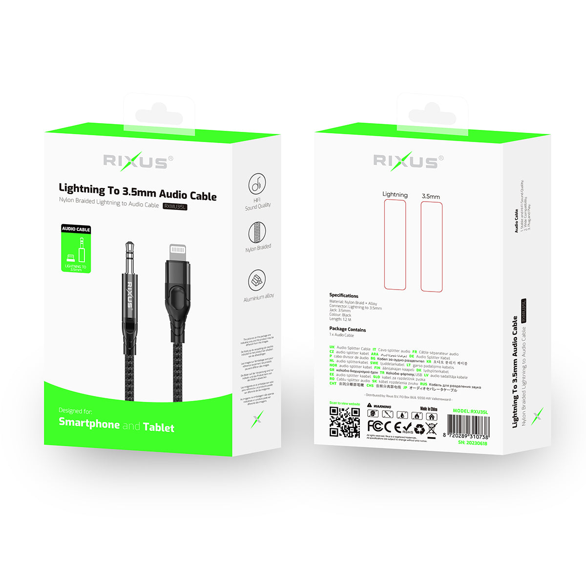 Rixus RXMU35L 3.5mm AUX To Lightning Connector Braided Audio Cable 1.2m Black