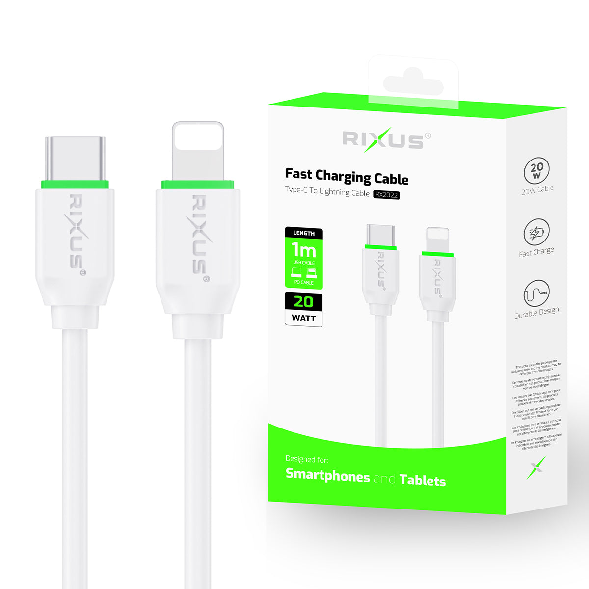 Rixus RX2022 Data Sync And Fast Charge Cable USB-C To Lightning Connector 1m