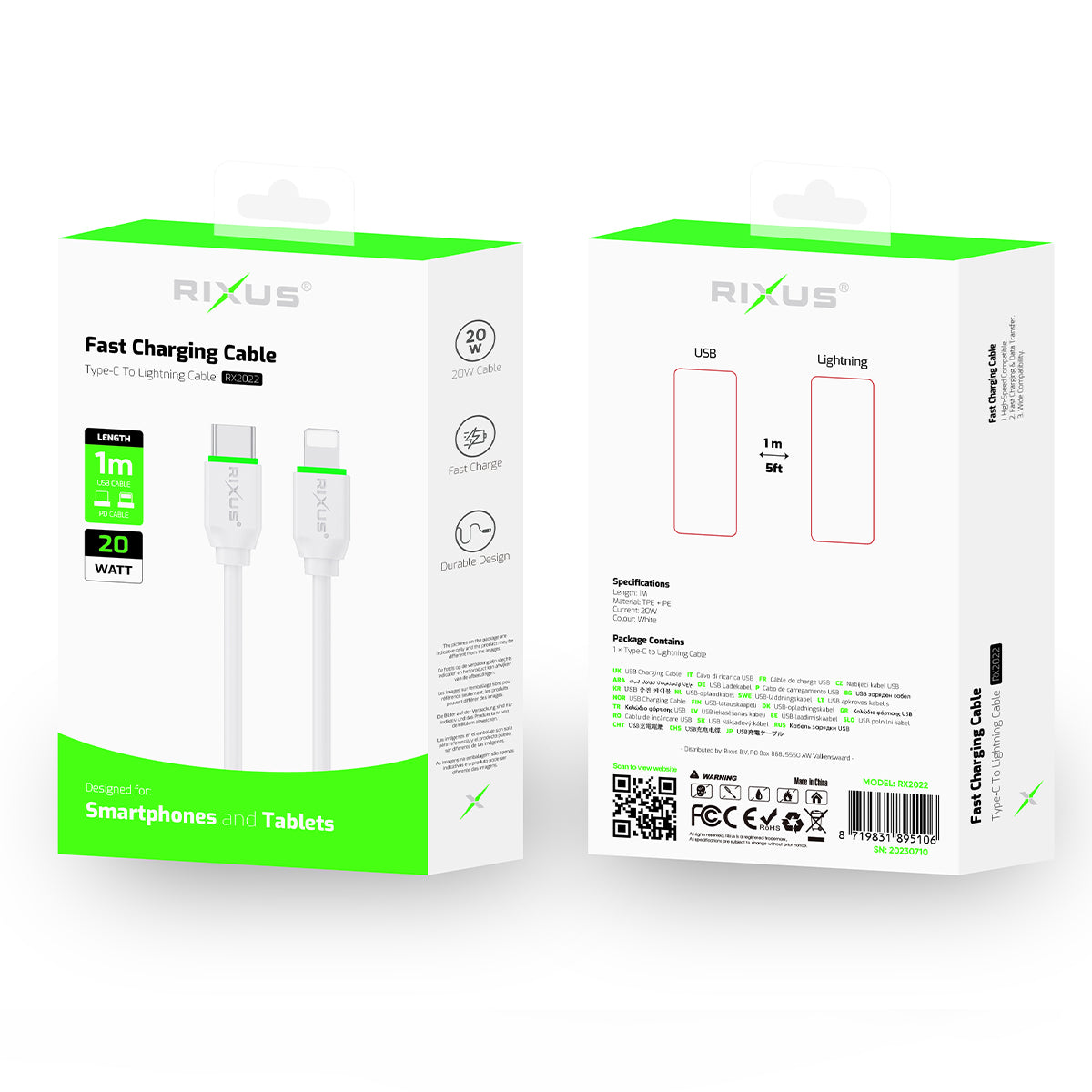 Rixus RX2022 Data Sync And Fast Charge Cable USB-C To Lightning Connector 1m