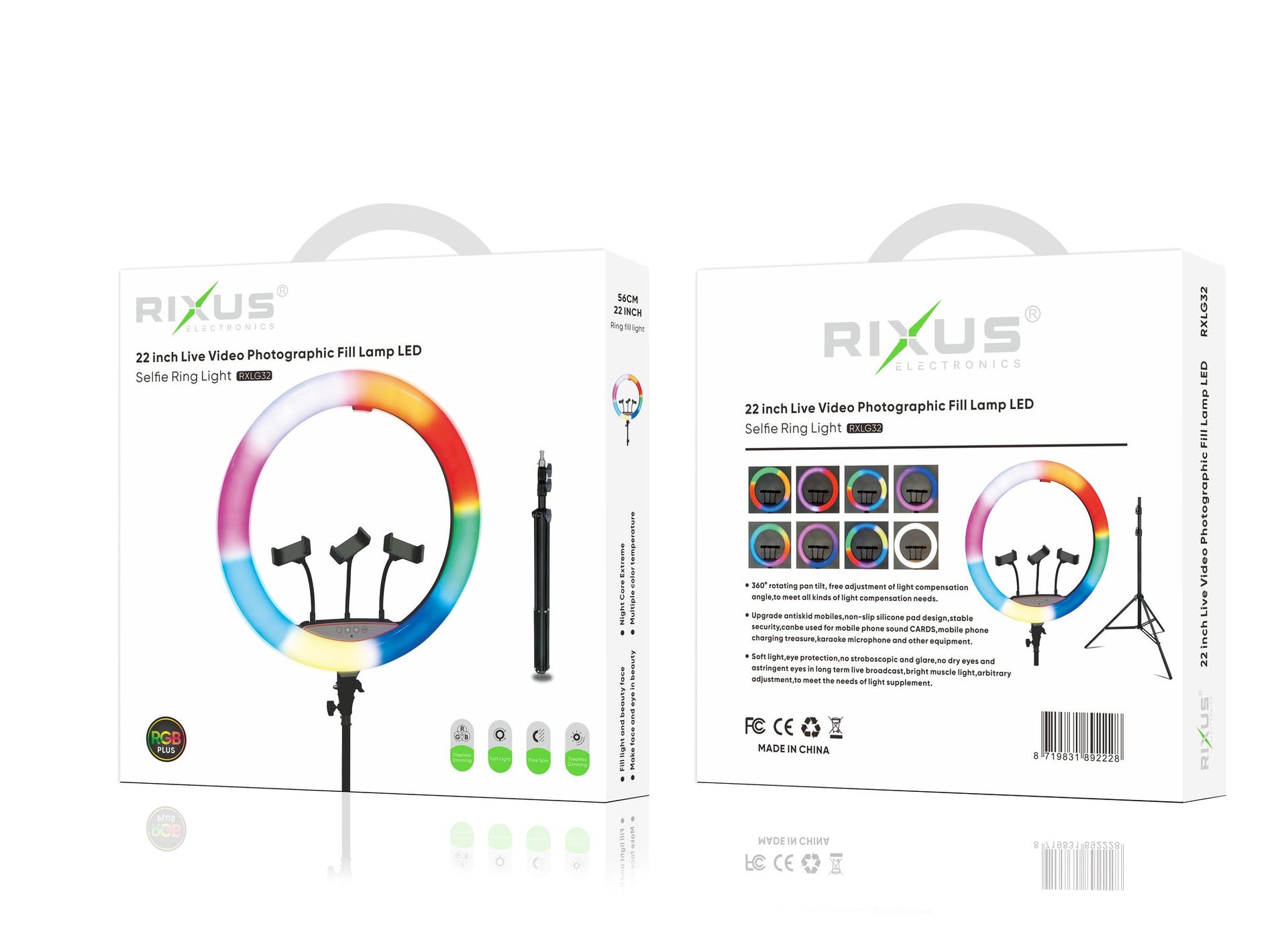 Rixus RXLG32 Selfie Ring Light And Holder Stick RGBW 22 inch