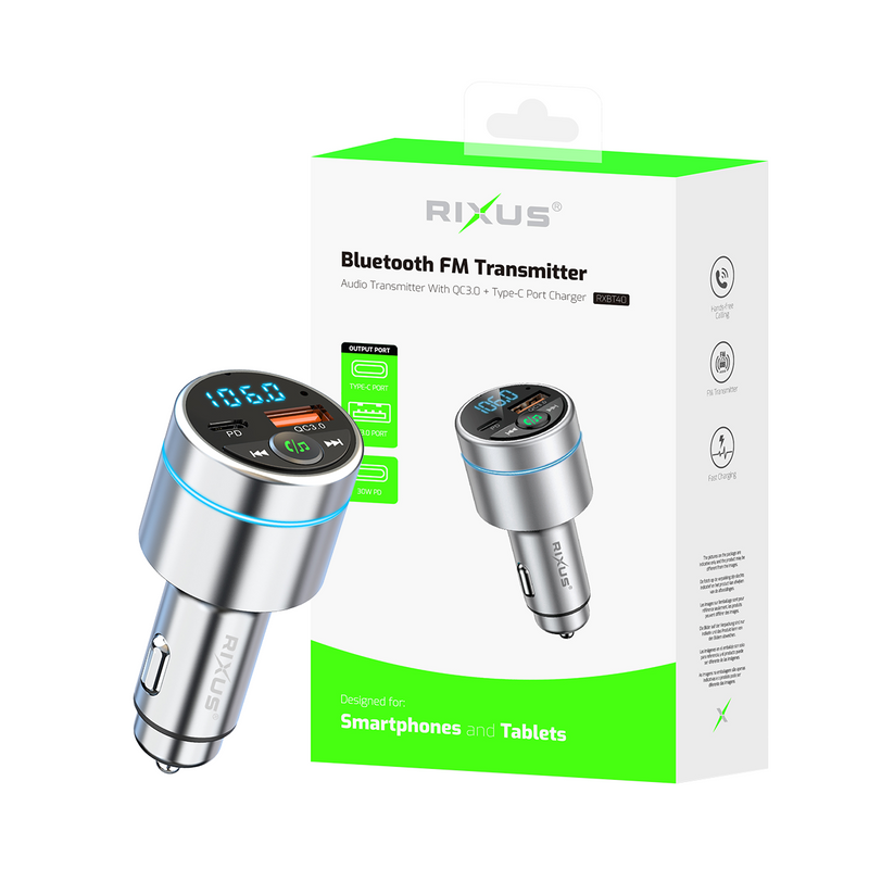 Rixus RXBT40 All-Metal Car FM Transmitter Bluetooth 5.3 Silver