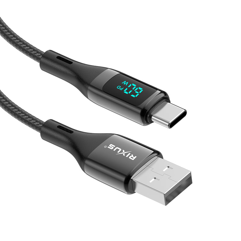 Rixus RXUC28AC Braided USB To USB-C Cable With LED Display 100CM Black