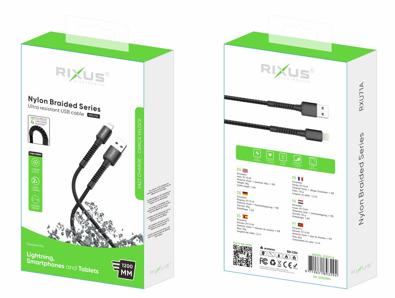 Rixus RXU71A Nylon Braided USB To Lightning Cable 1.2mtr Black