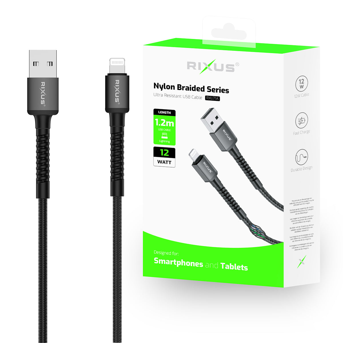Rixus RXU71A Nylon Braided USB To Lightning Connector Cable 1.2m Black