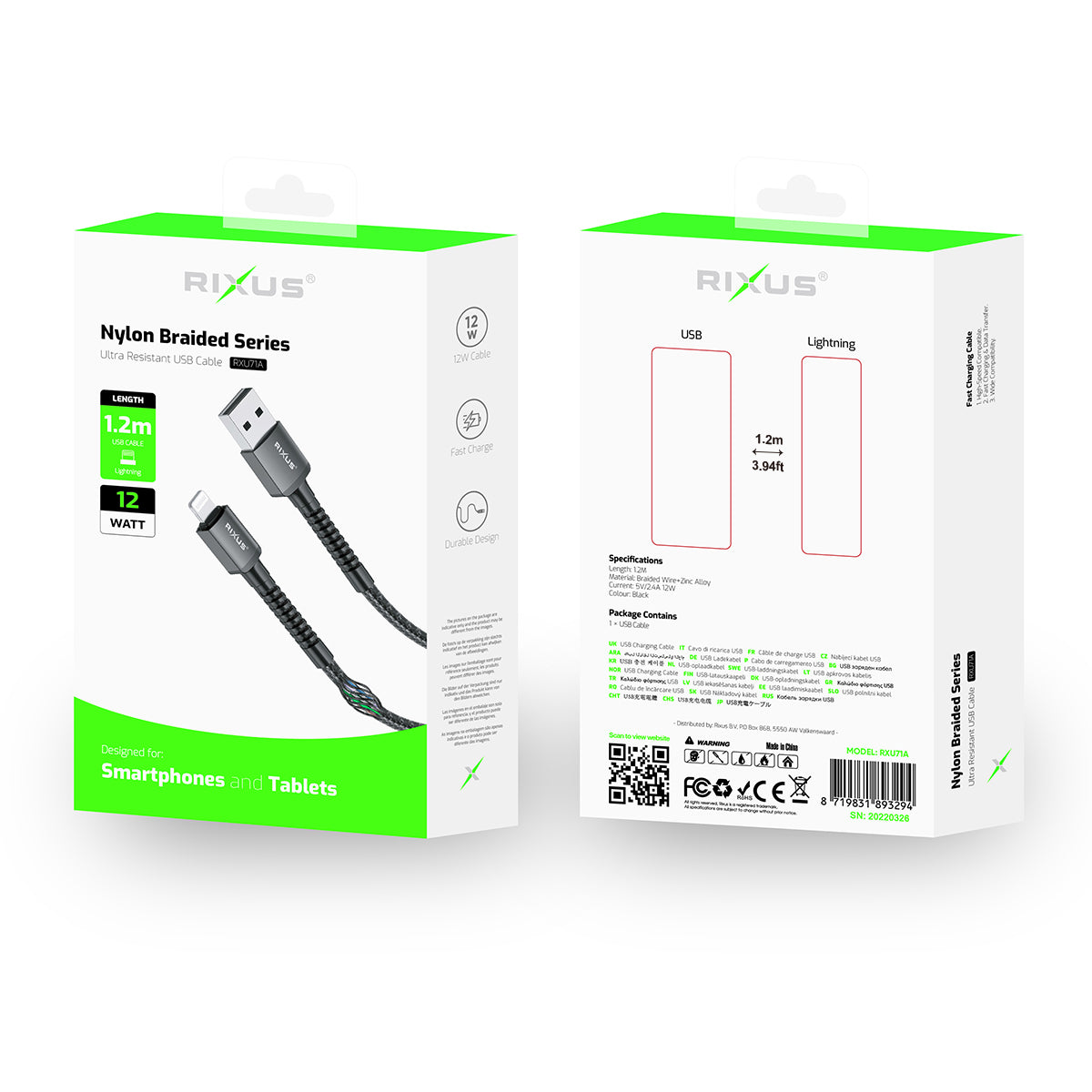 Rixus RXU71A Nylon Braided USB To Lightning Connector Cable 1.2m Black