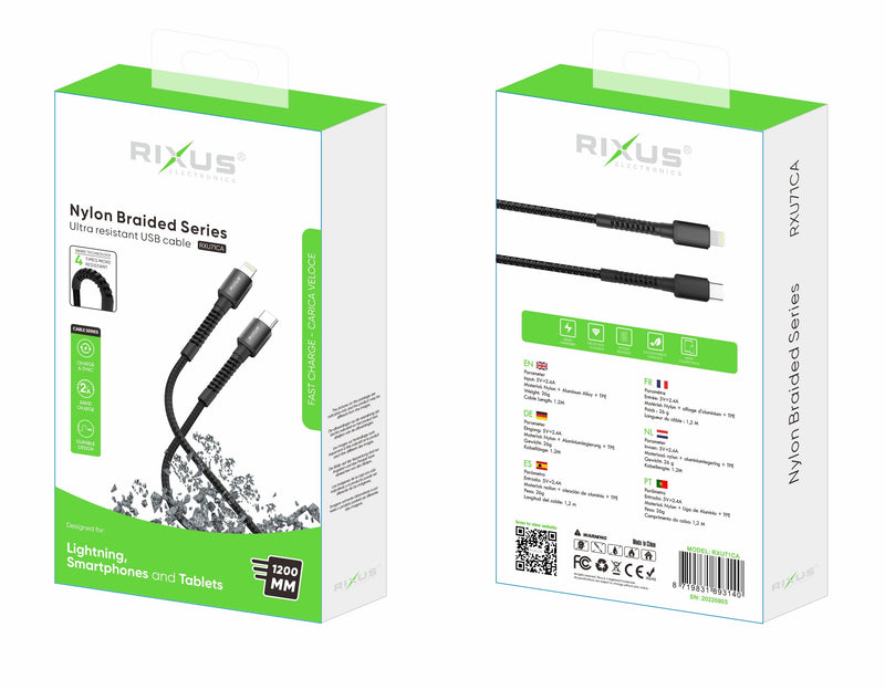 Rixus RXU71C Nylon Braided USB-C To USB-C Cable 120CM Black