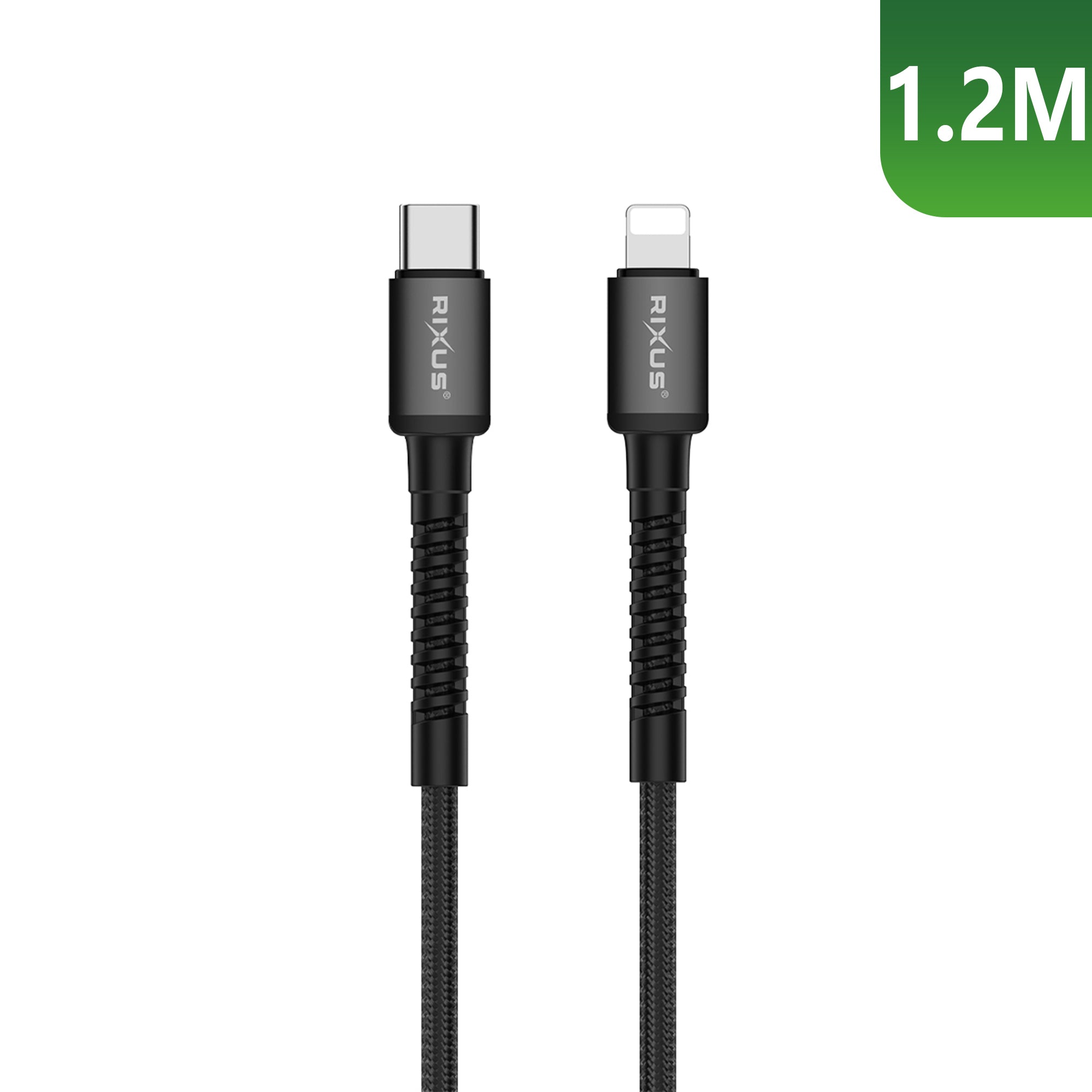 Rixus RXU71CA Nylon Braided USB-C To Lightning Connector Cable 1.2m Black