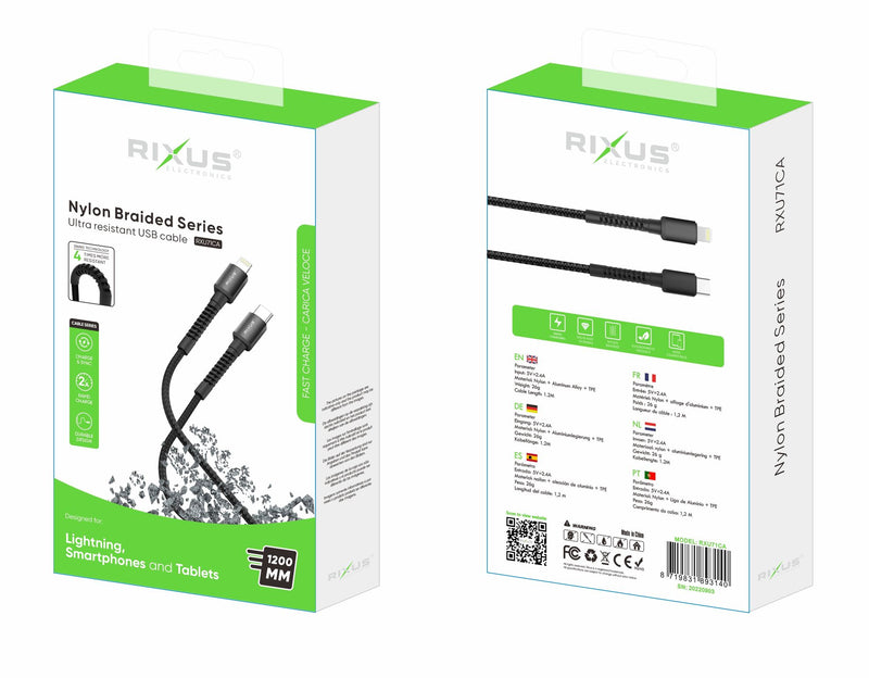 Rixus RXU71CA Nylon Braided USB-C To Lightning Cable 1.2mtr Black