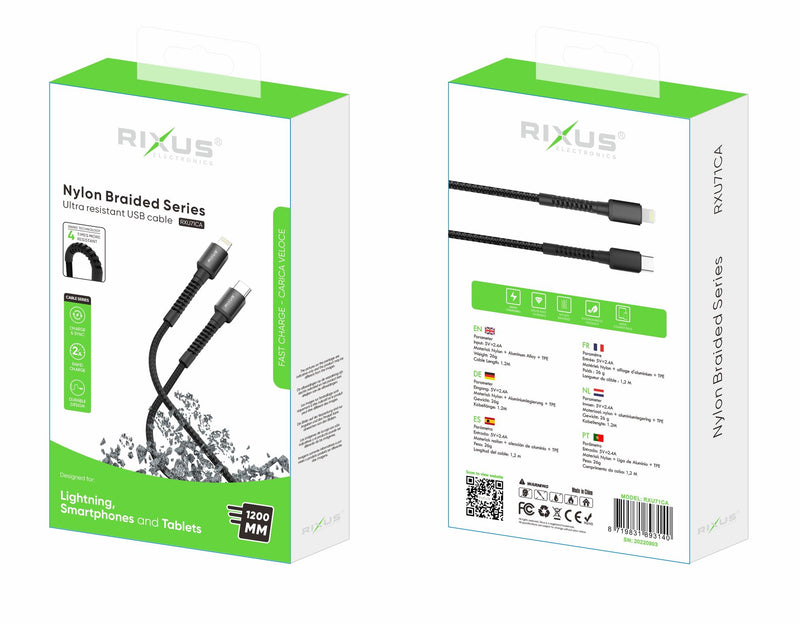 Rixus RXU71CA Nylon Braided USB-C To Lightning Cable 120CM Black