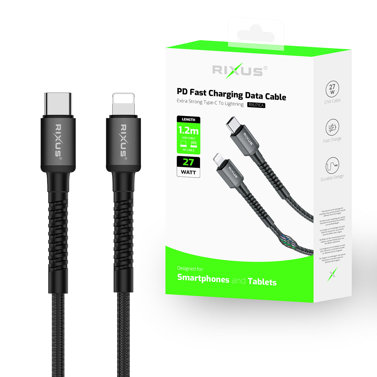Rixus RXU71CA Nylon Braided USB-C To Lightning Connector Cable 1.2m Black