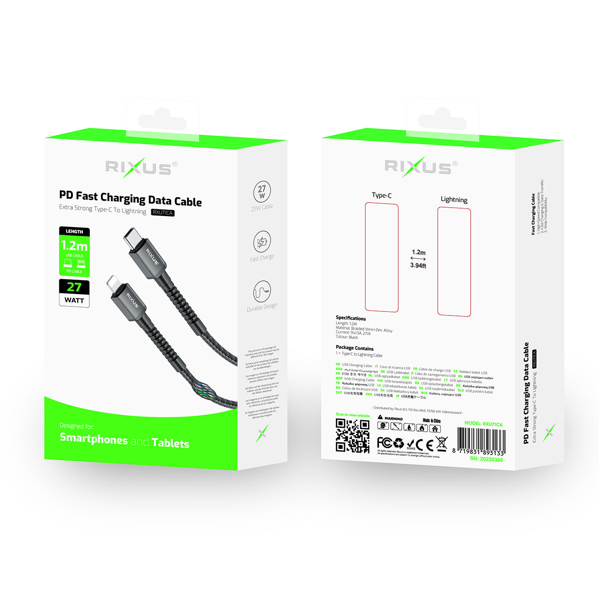 Rixus RXU71CA Nylon Braided USB-C To Lightning Connector Cable 1.2m Black