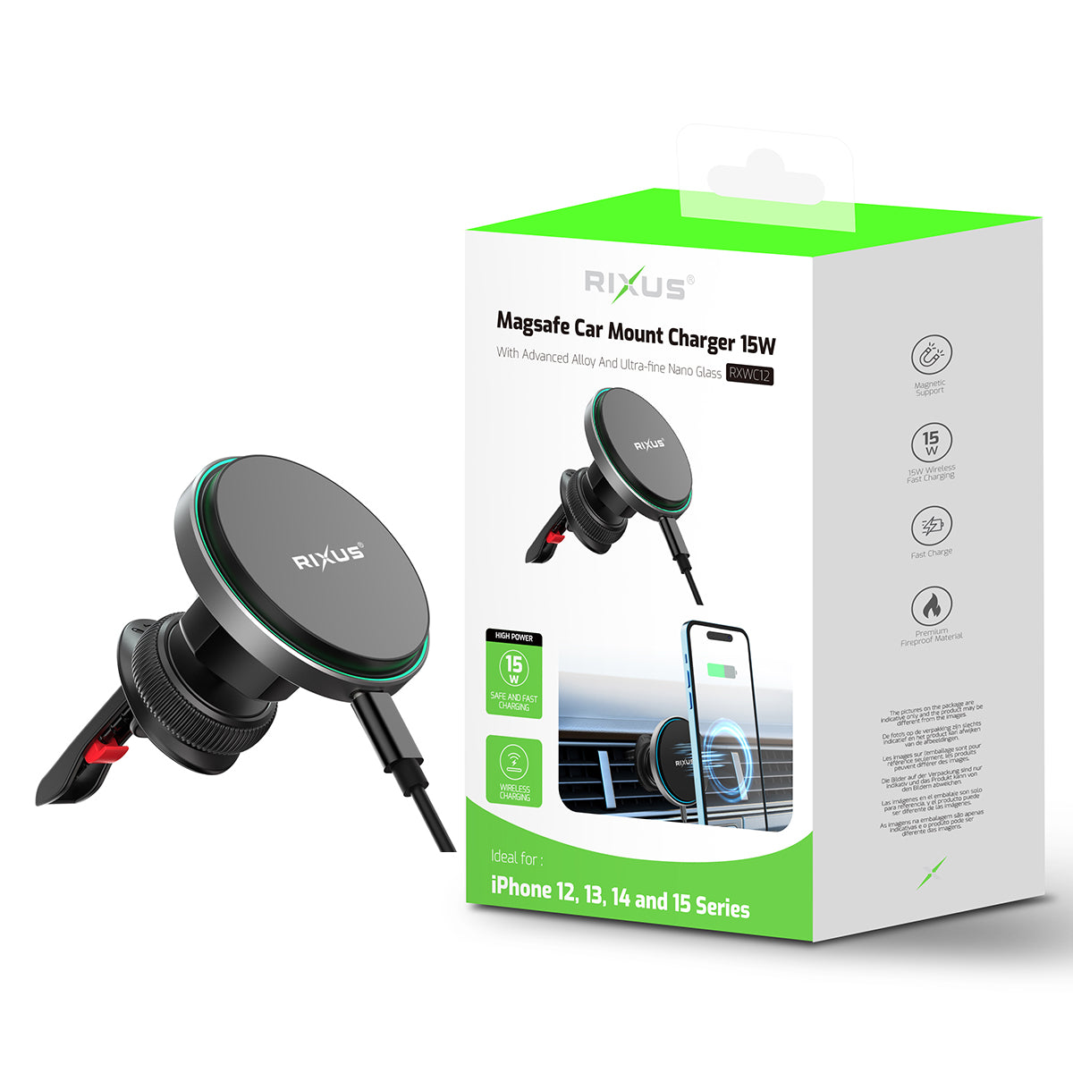 Rixus RXWC12 MagSafe Compatible Charging Air Vent Mount Black