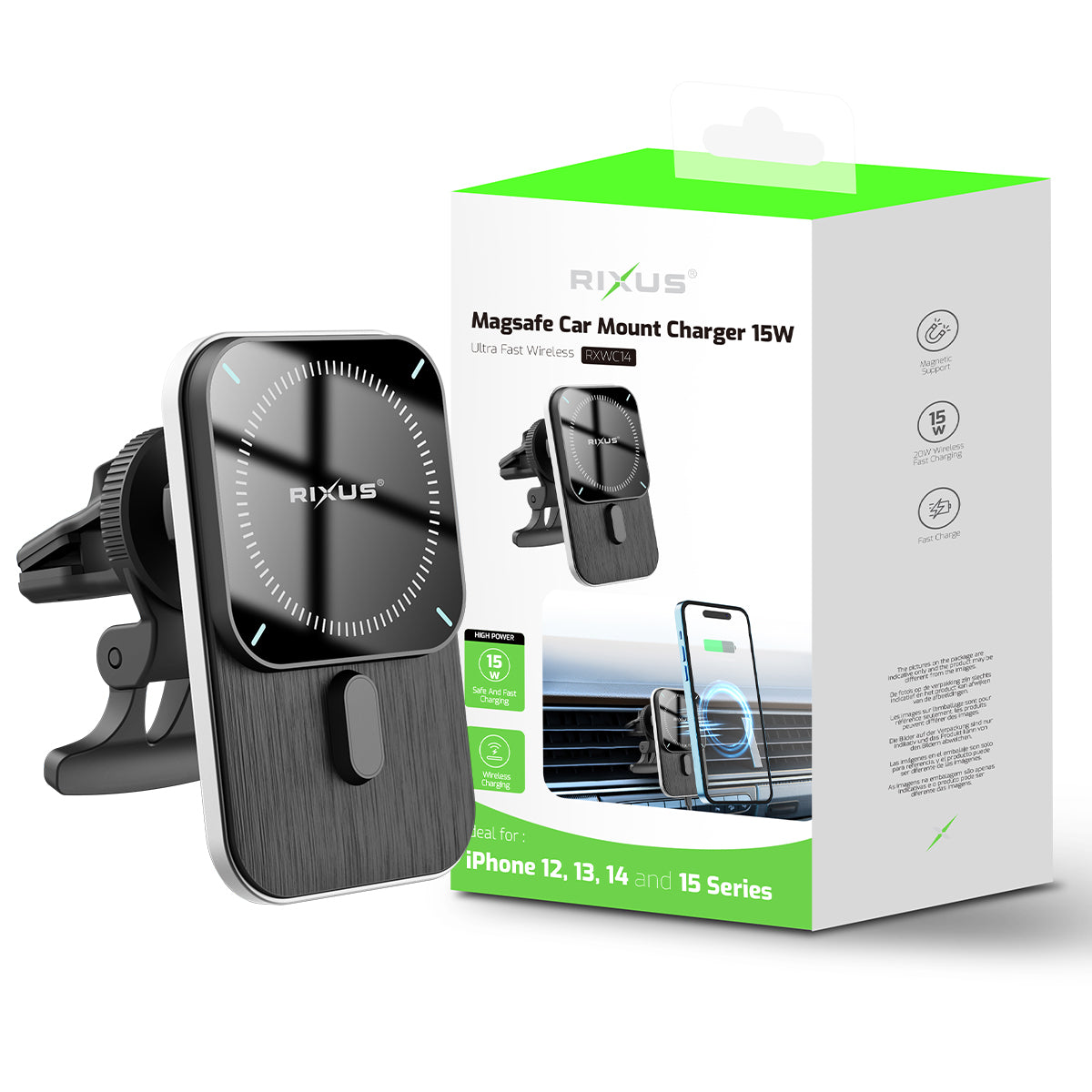 Rixus RXWC14 Wireless Car Charger With MagSafe Compatible 15W Space Gray