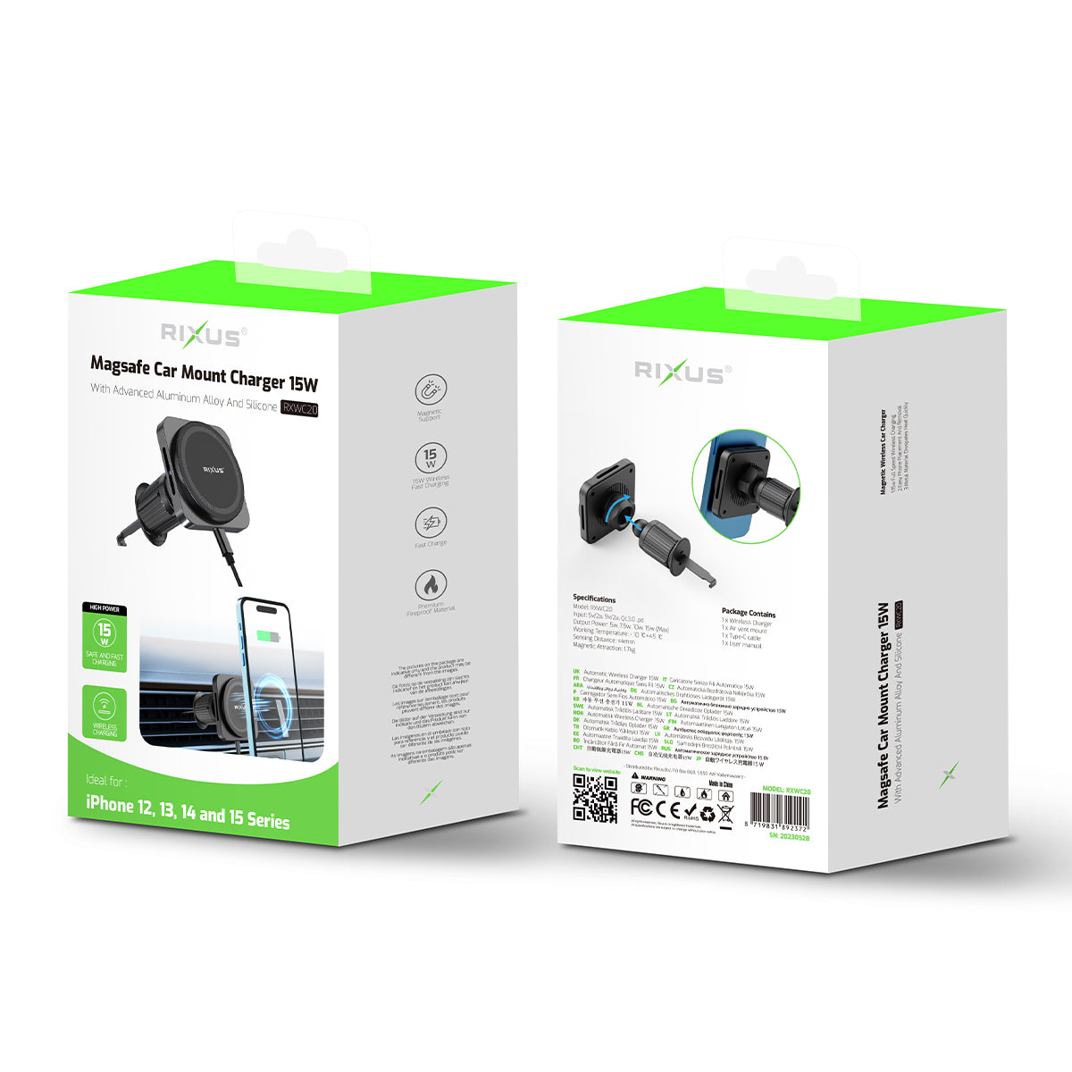 Rixus RXWC20 Wireless Car Charger For MagSafe Compatible Car Mount 15W Space Gray