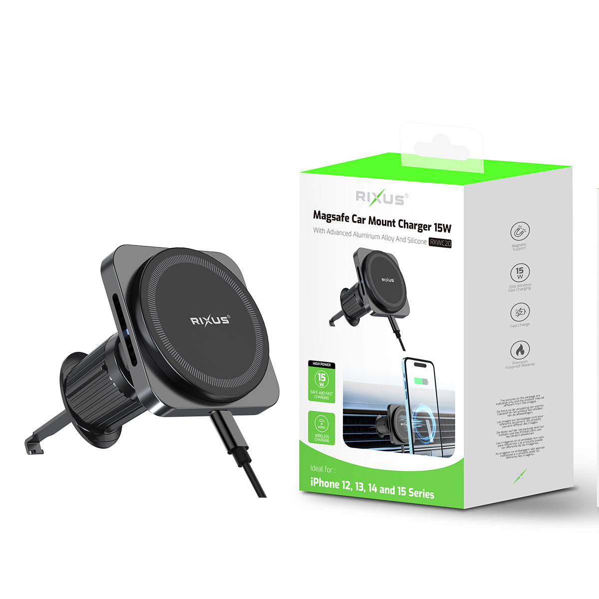 Rixus RXWC20 Wireless Car Charger For MagSafe Compatible Car Mount 15W Space Gray