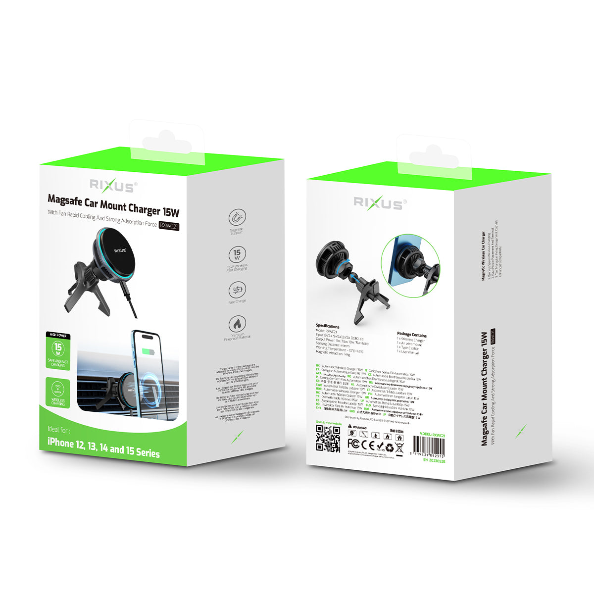 Rixus RXWC21 MagSafe Compatible Car Mount Charger Ice Cooling Fit Black