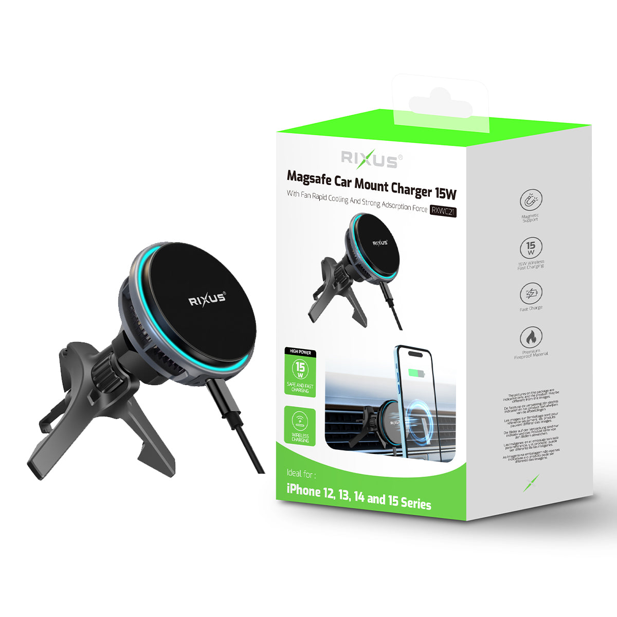 Rixus RXWC21 MagSafe Compatible Car Mount Charger Ice Cooling Fit Black