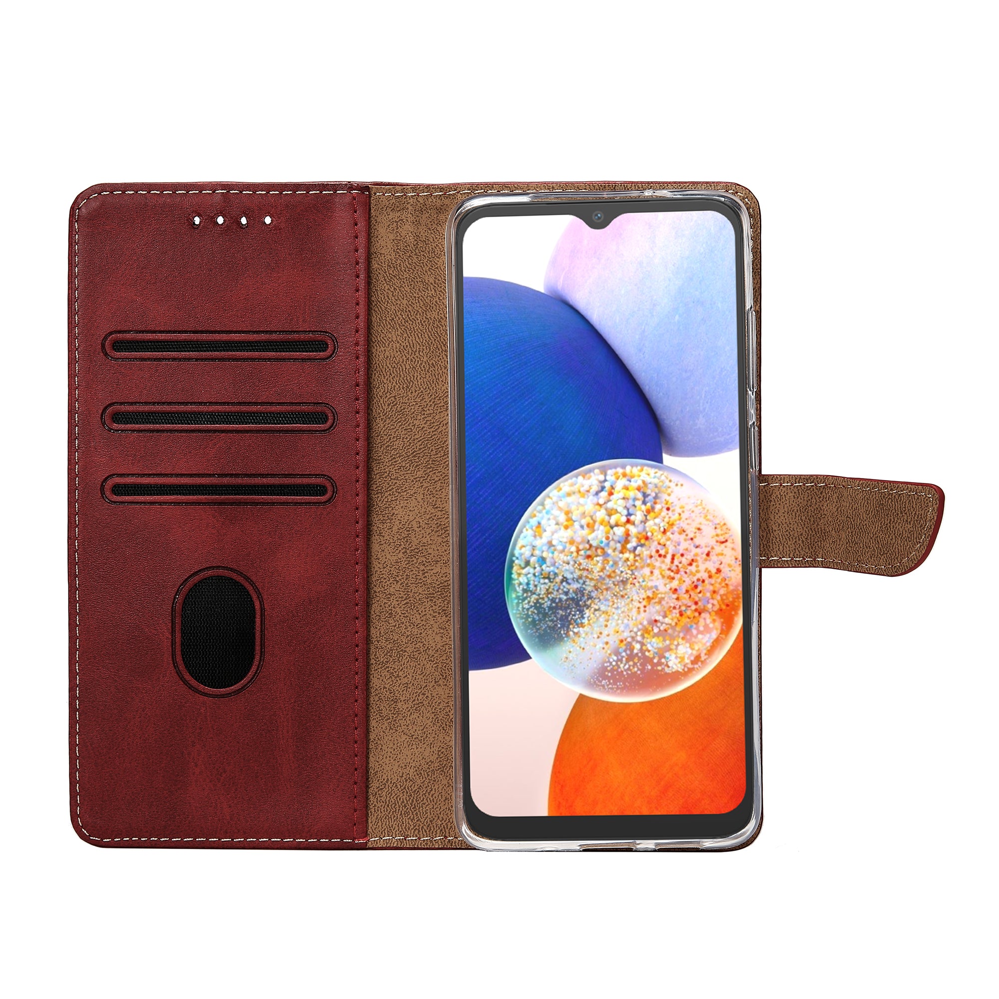 Rixus Bookcase For Samsung Galaxy A14 5G Dark Red