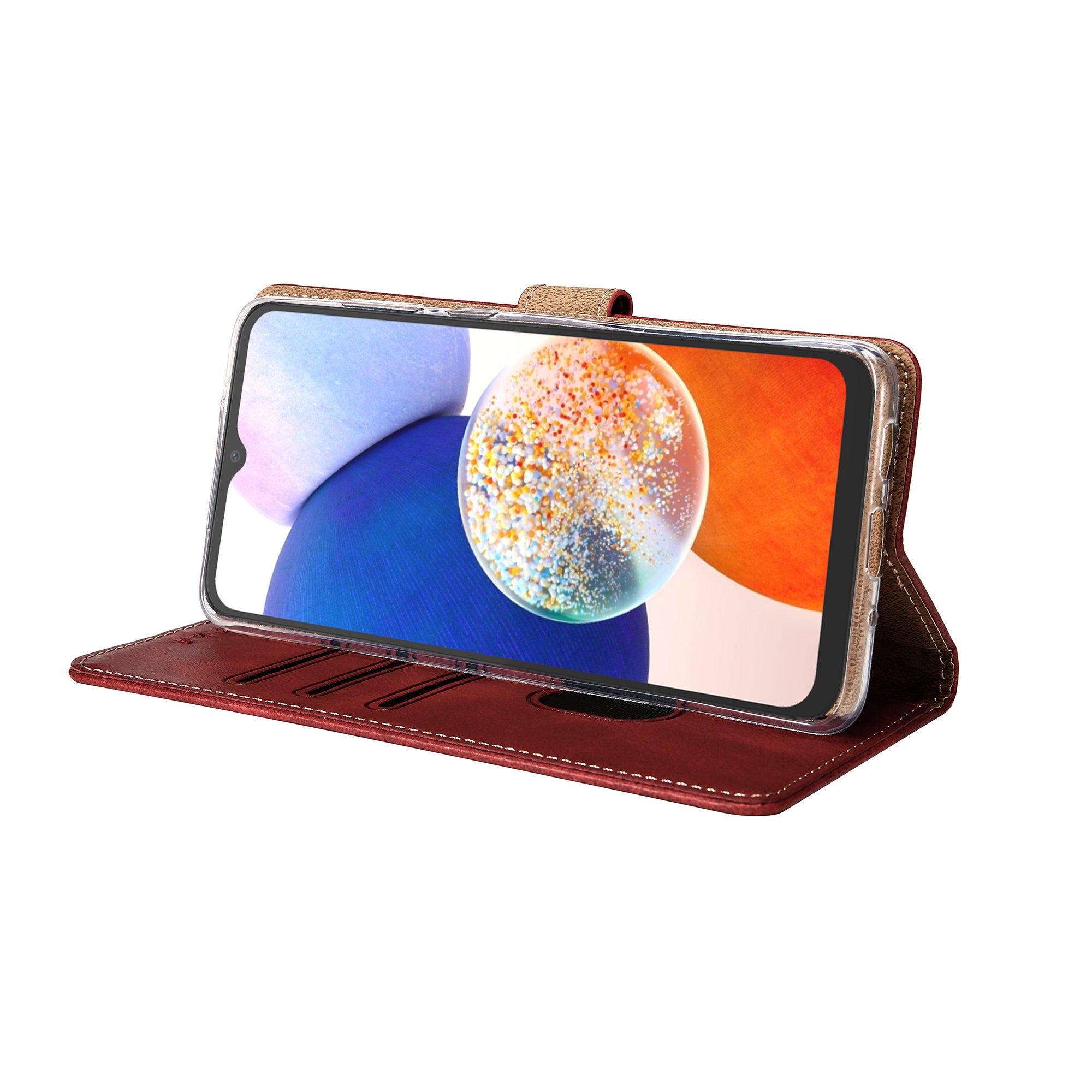 Rixus Bookcase For Samsung Galaxy A14 5G Dark Red