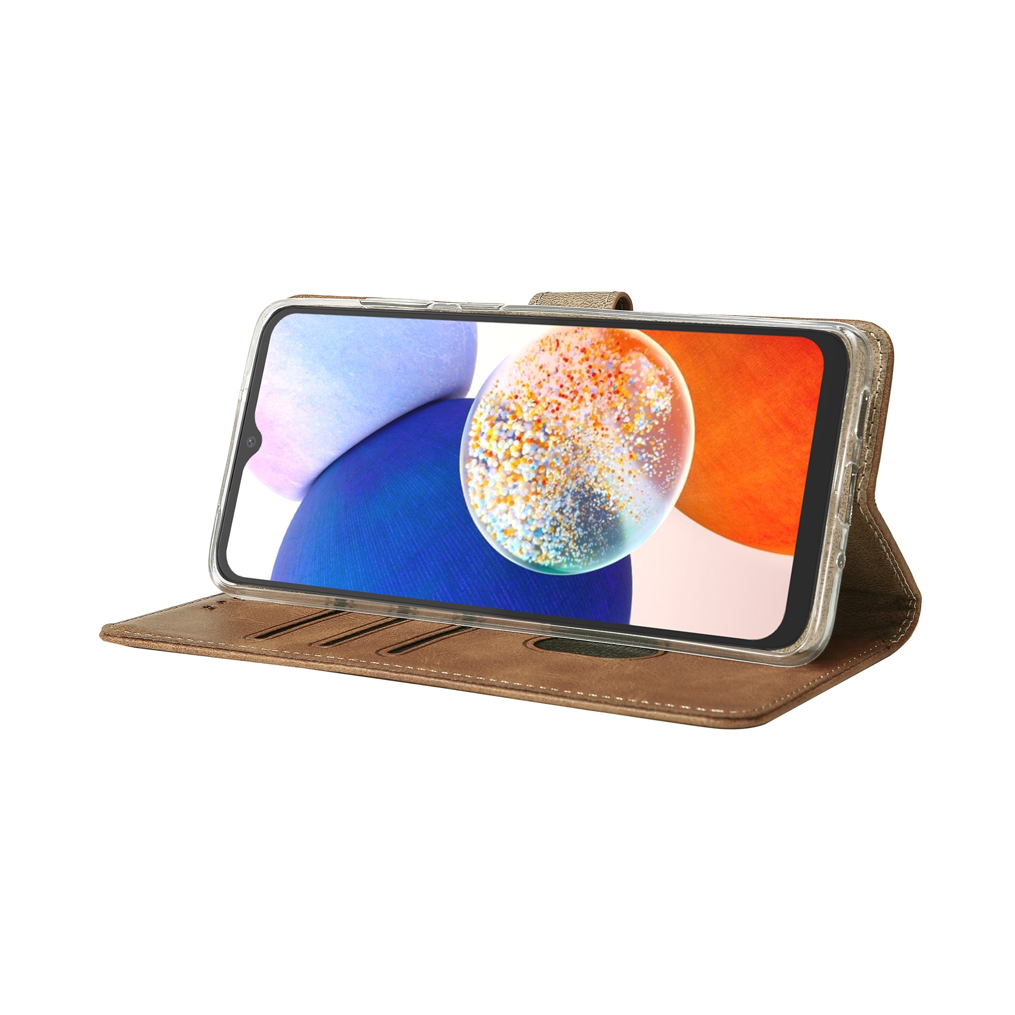 Rixus Bookcase For Samsung Galaxy A14 5G Light Brown
