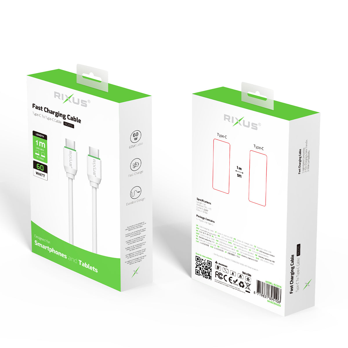 Rixus RX2015 Data Sync And Fast Charge Cable USB-C to USB-C 1m